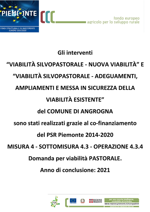 Piano di Sviluppo Rurale 2014-2020: operazione 4.3.4 "Lavori di miglioramento della viabilità da Pra del Torno a località Sella Vecchia"